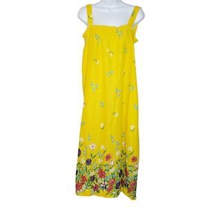 Vintage Smocked Floral Sundress Yellow Blue Pink Purple Muumuu Sz M
